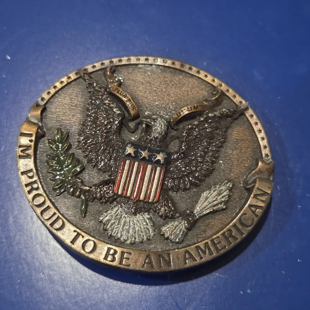 I'm Proud to Be an American Great Seal Eagle Belt Buckle Round Brass Enamel